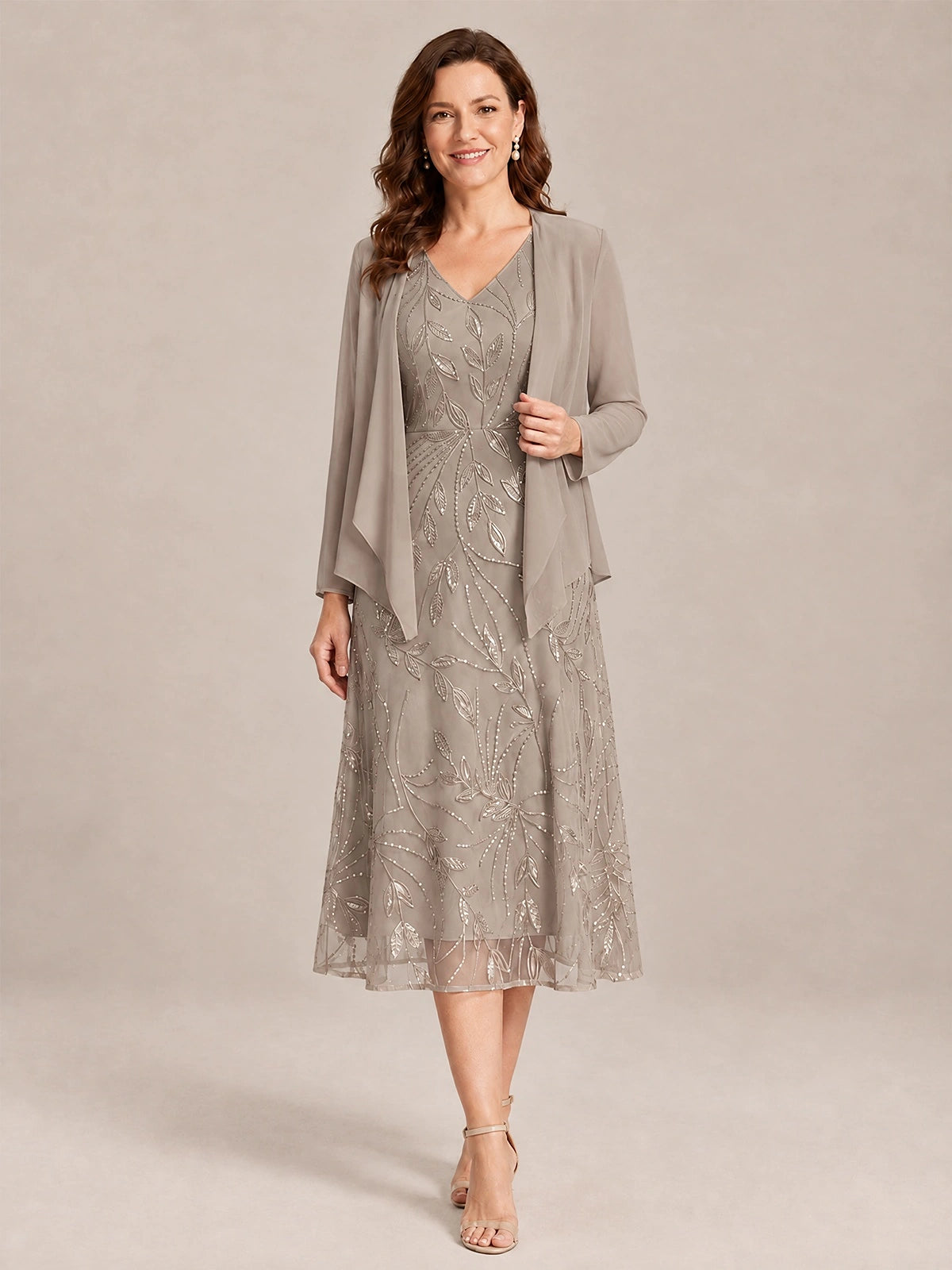 Taupe-2 Piece Lace Appliques Chiffon Mother of The Bride Dress with Sequin