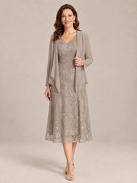 Taupe-2 Piece Lace Appliques Chiffon Mother of The Bride Dress with Sequin