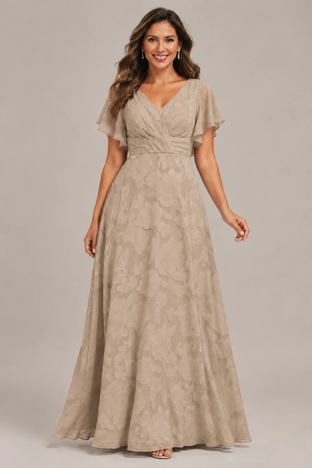 Jovellee Floral Chiffon A-Line Mother of the Bride Dress with Flutter Sleeves