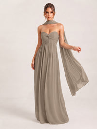 Taupe Strapless Ruched Chiffon Long Prom Dress with Scarf A-line Sweetheart Ruffled Formal Wedding Guest Dress Evening Gown