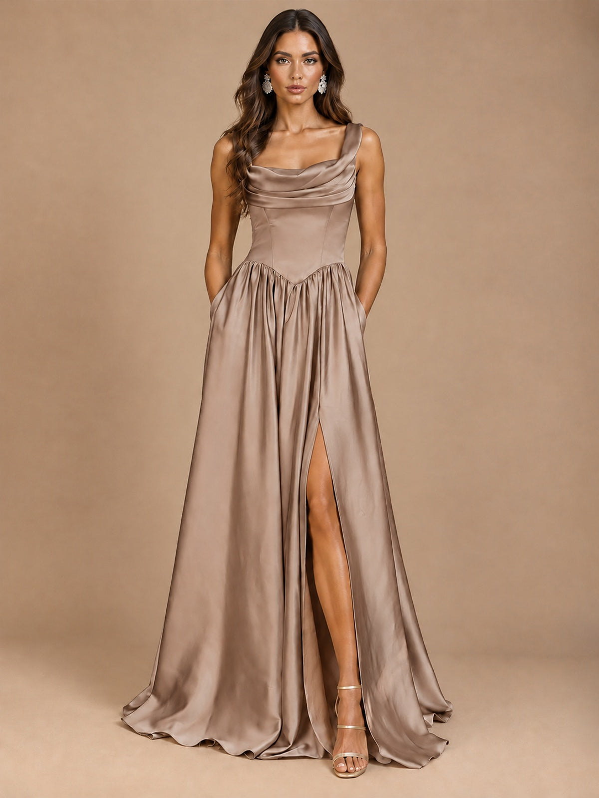 Cowl Neck Pleated Satin Prom Dress with Pockets & Slit Maxi Formal Gowns