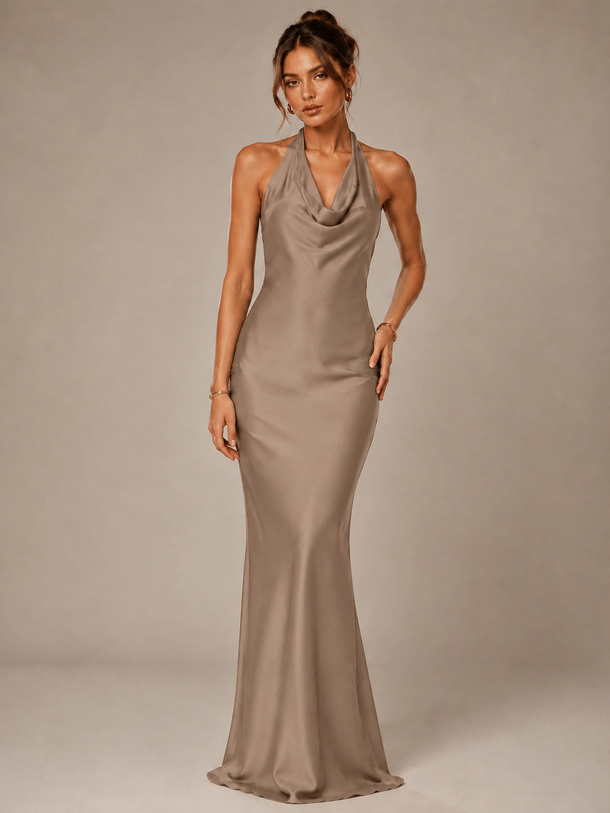 Olive Green Halter Satin Mermaid Maxi Dress