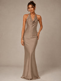 Olive Green Halter Satin Mermaid Maxi Dress