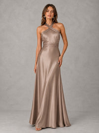 Sage Green Satin A-Line Bridesmaid Dress with Halter Neck