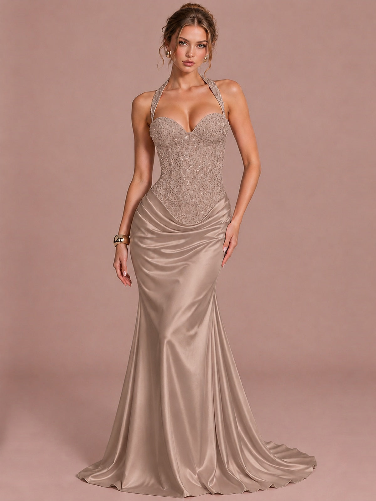 Taupe Sparkling Halter Corset Satin Mermaid Prom Dress Long Ruched Sequin Formal Gown Evening Party Dress