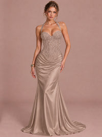 Taupe Sparkling Halter Corset Satin Mermaid Prom Dress Long Ruched Sequin Formal Gown Evening Party Dress