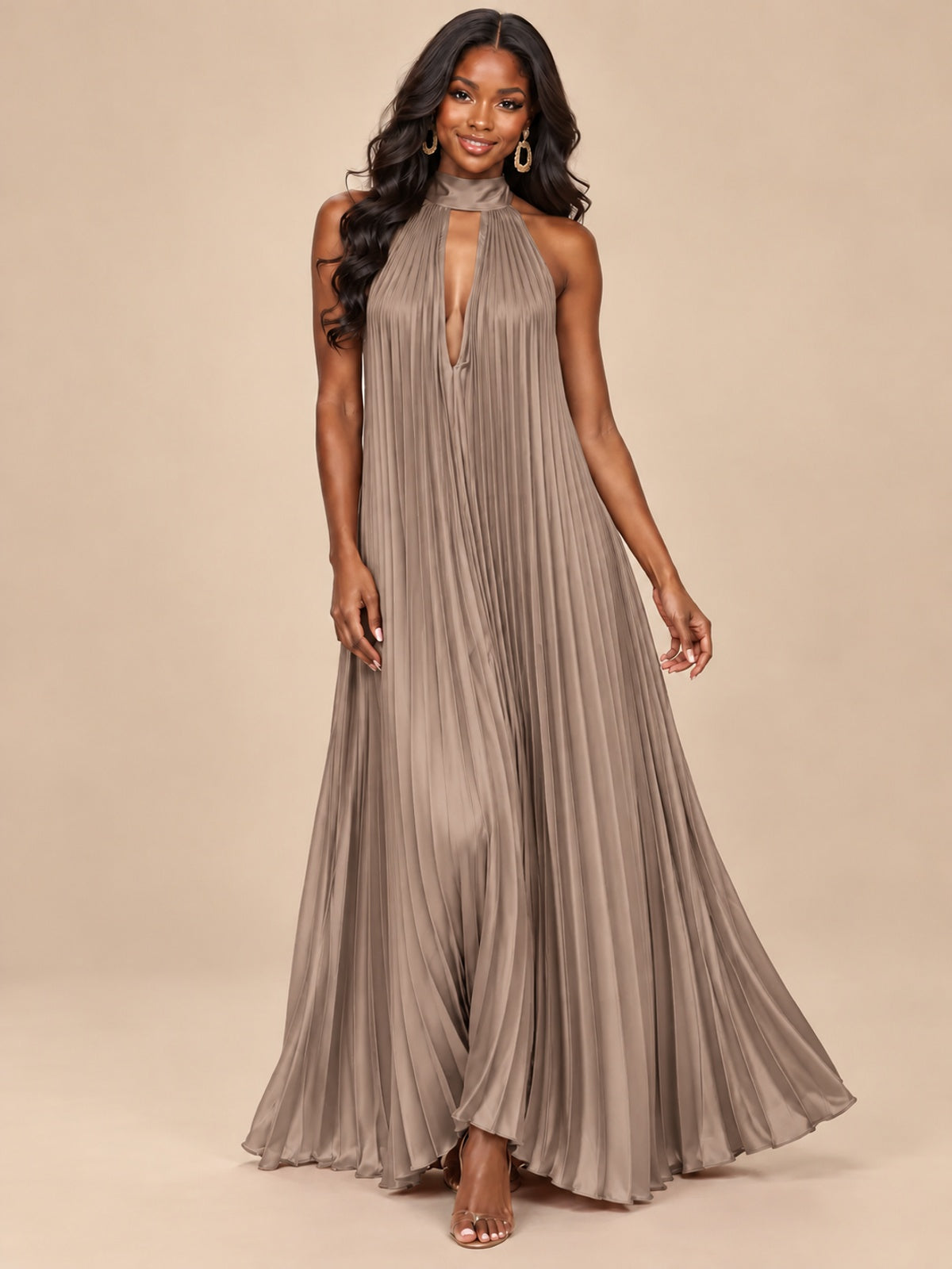 Rust Orange Pleated Halter Neck Maxi Dress