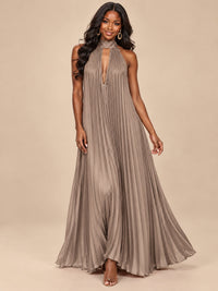 Rust Orange Pleated Halter Neck Maxi Dress