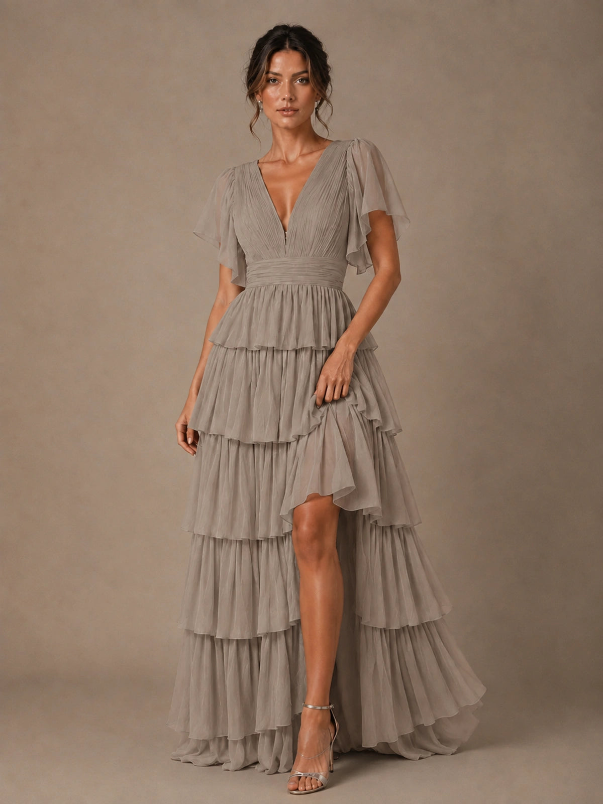 Chiffon V-Neck Tiered Ruffle Bridesmaid Dress with Slit
