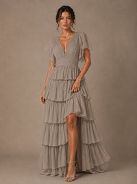 Chiffon V-Neck Tiered Ruffle Bridesmaid Dress with Slit