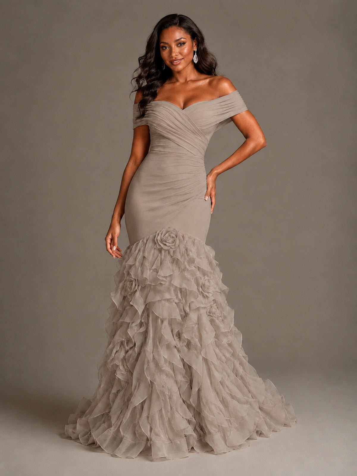 Pink Off-the-Shoulder Mermaid Prom Dress with Ruffles 3D Flowers