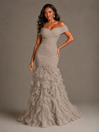 Pink Off-the-Shoulder Mermaid Prom Dress with Ruffles 3D Flowers