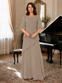 Asymmetric Draped Chiffon Mother of the Bride Dress with Flutter Sleeves