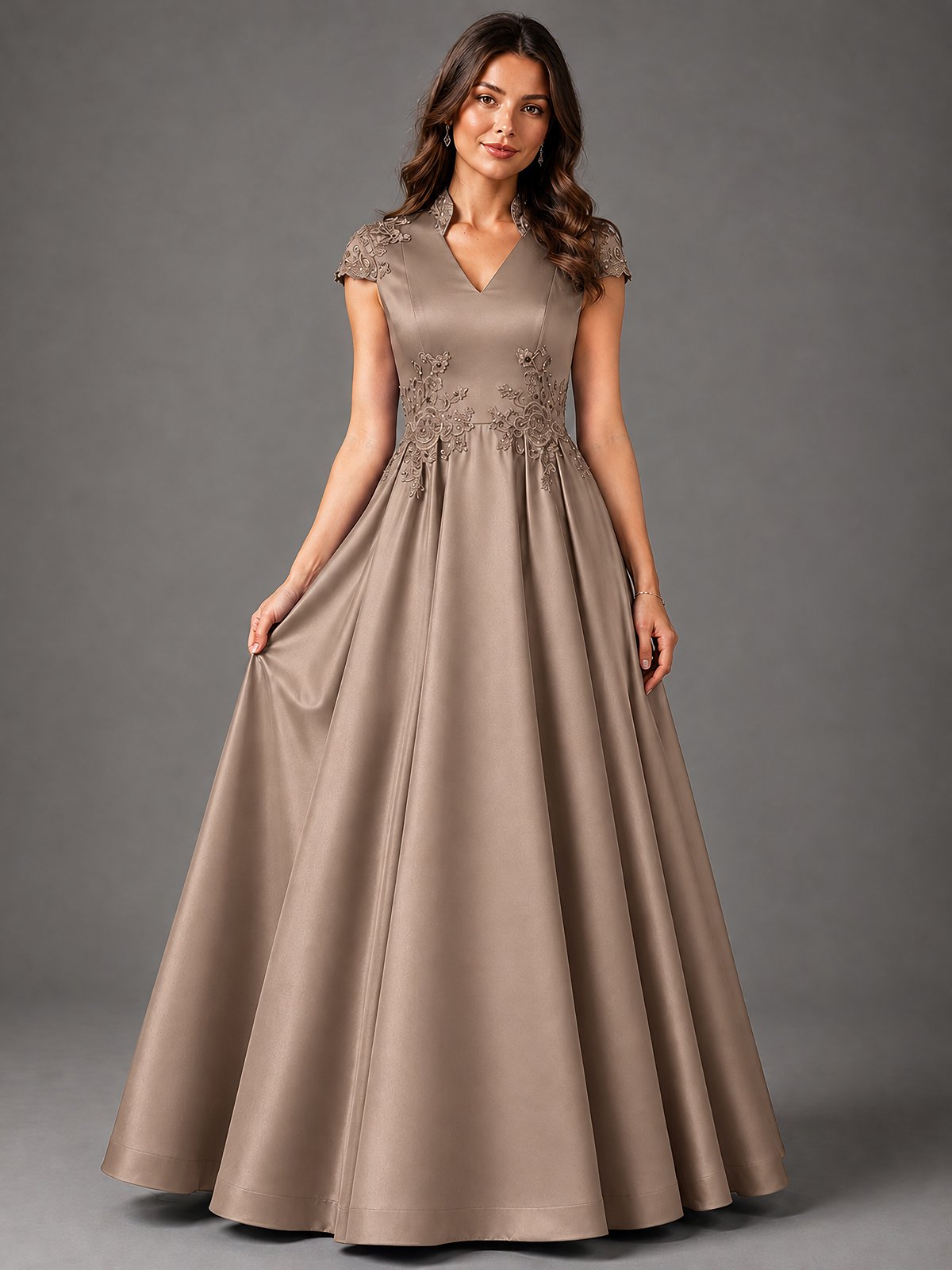 Lace Appliqué A-Line Satin Maxi Dress