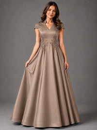Lace Appliqué A-Line Satin Maxi Dress