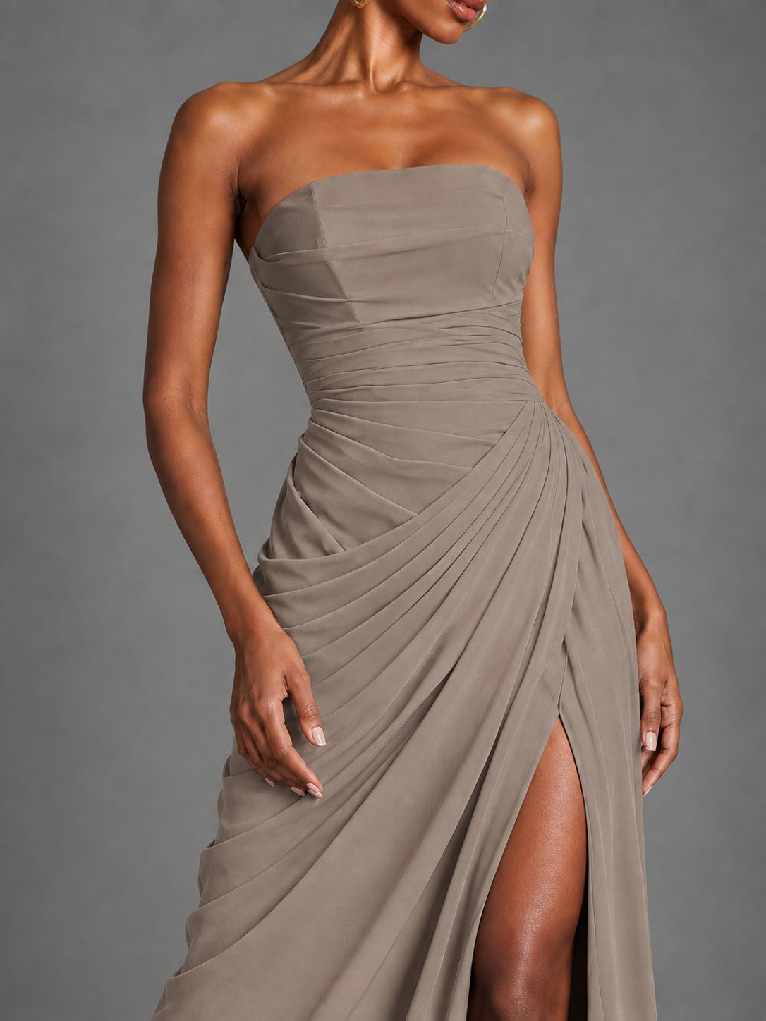 Strapless Bodycon Pleated Chiffon Formal Dress with Slit