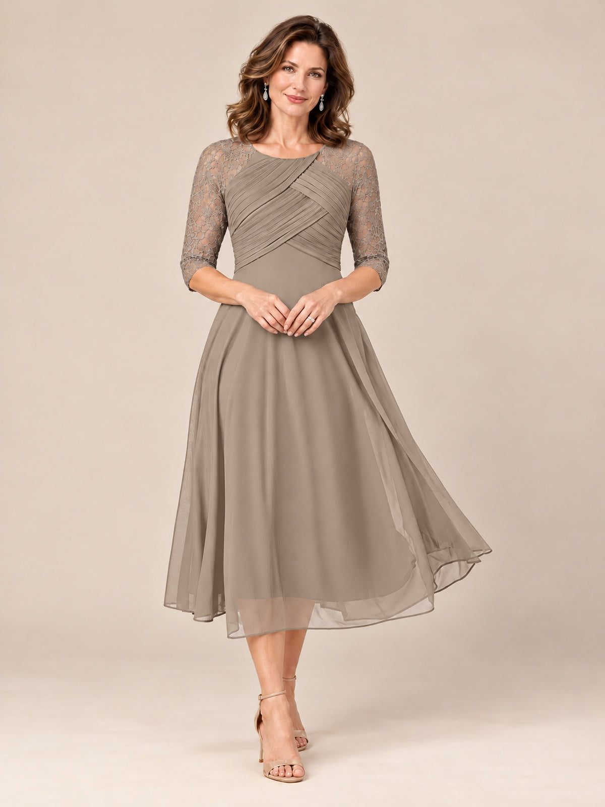 Taupe-Lace Applique Pleated Tea Length Mother of The Bride Dresses