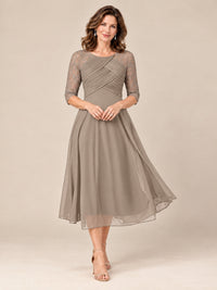Taupe-Lace Applique Pleated Tea Length Mother of The Bride Dresses