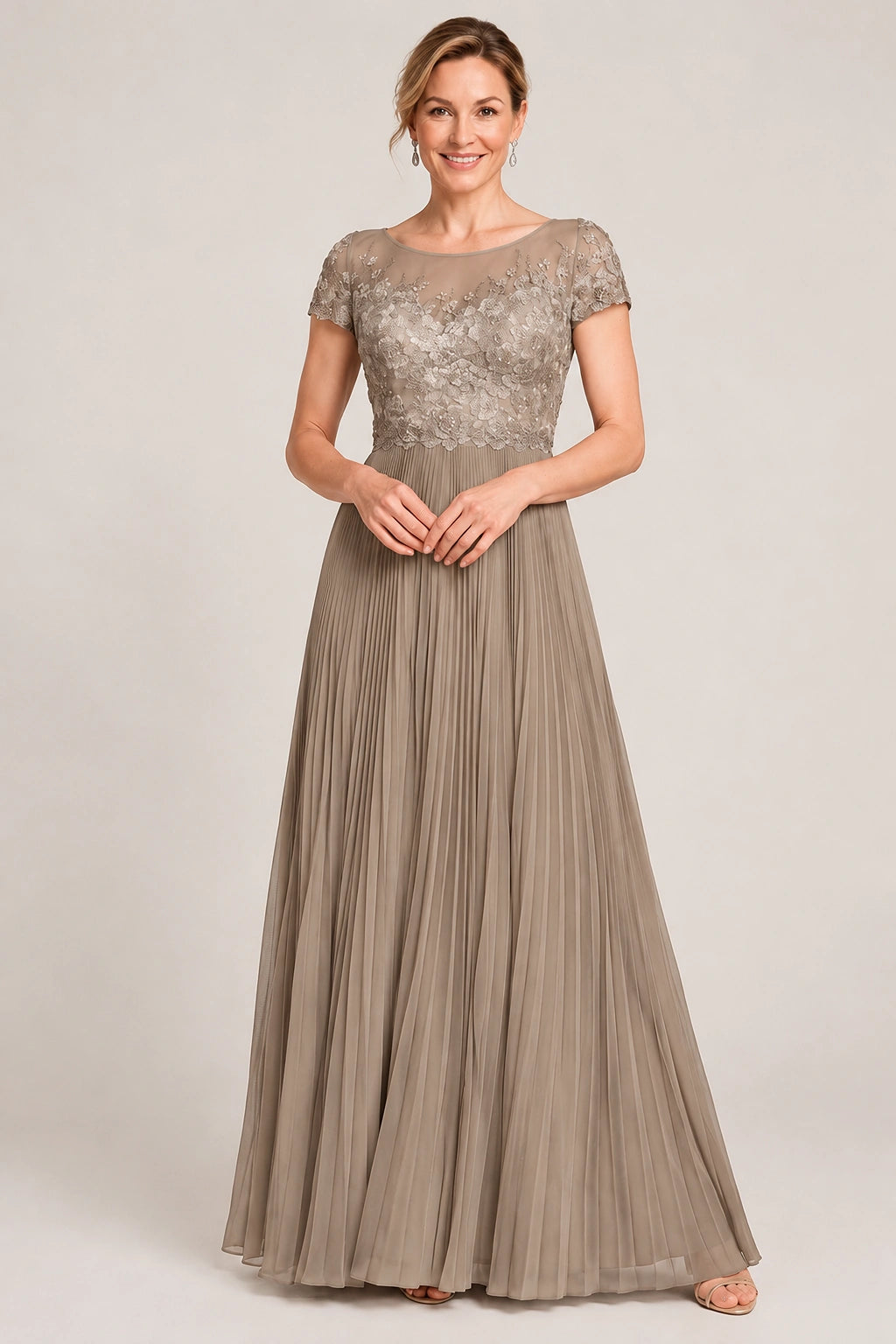Embroidered Lace Pleated Mother of the Bride Dress