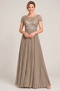 Embroidered Lace Pleated Mother of the Bride Dress