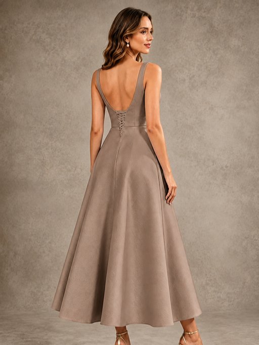 Tea-Length Satin Mother of the Bride Dress with 3D Flower Detail