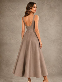 Tea-Length Satin Mother of the Bride Dress with 3D Flower Detail