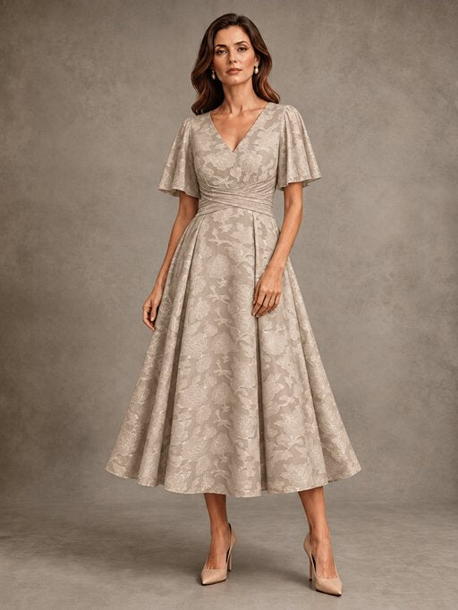 V-Neck Floral Jacquard Tea-Length Mother of the Bride Dress