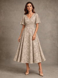 V-Neck Floral Jacquard Tea-Length Mother of the Bride Dress