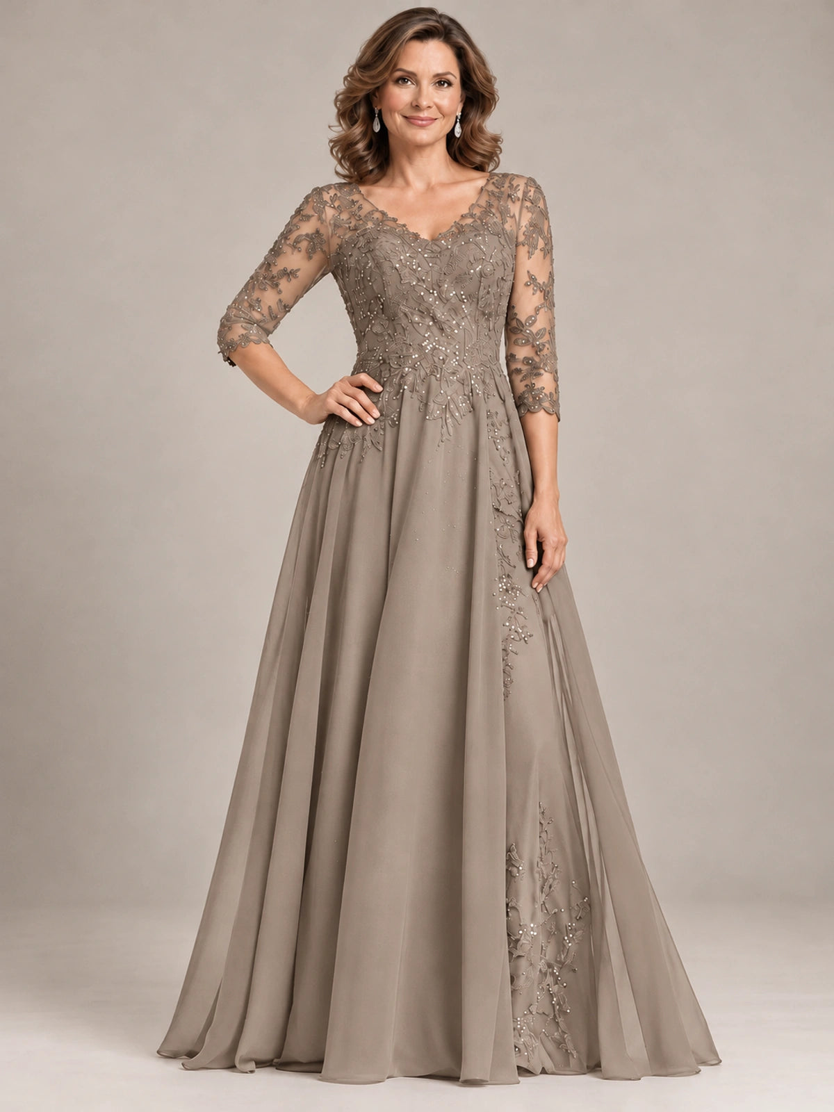 Sequin Lace A-Line Mother of the Bride Dress with 3/4 Sleeves
