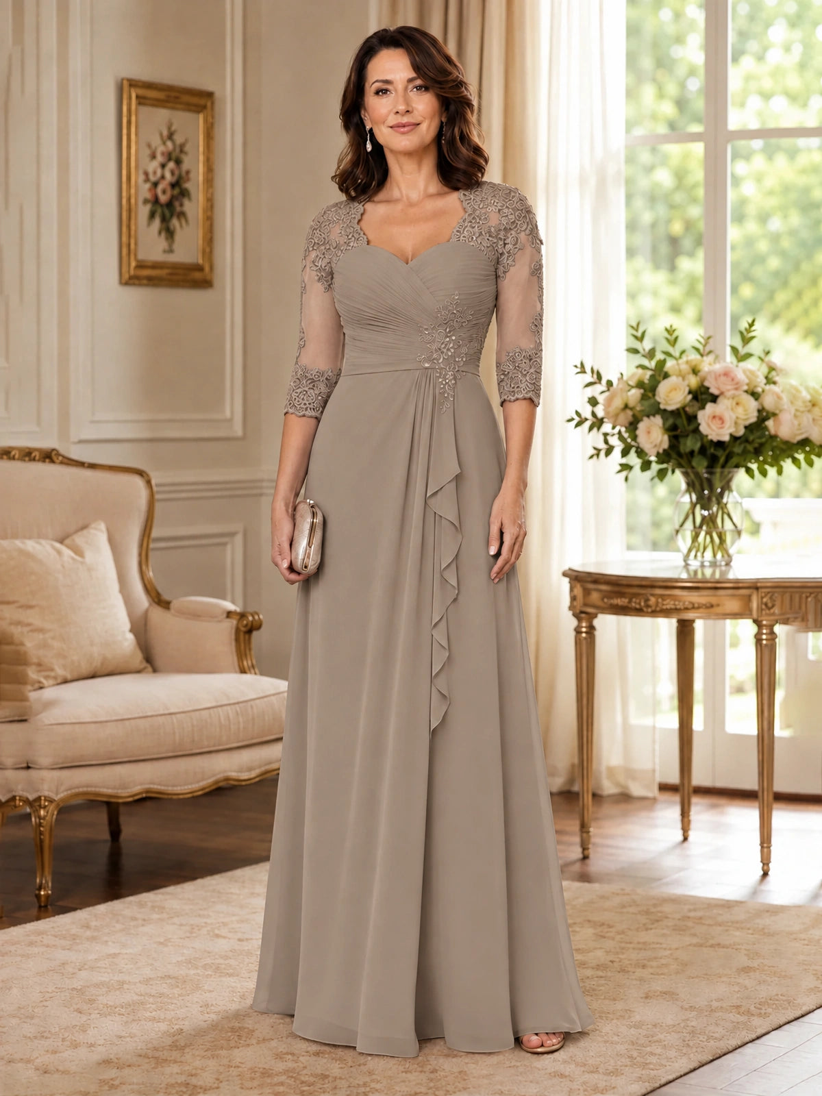 Chiffon Lace Applique Mother of the Bride Dress with 3/4 Sleeves