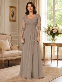 Chiffon Lace Applique Mother of the Bride Dress with 3/4 Sleeves