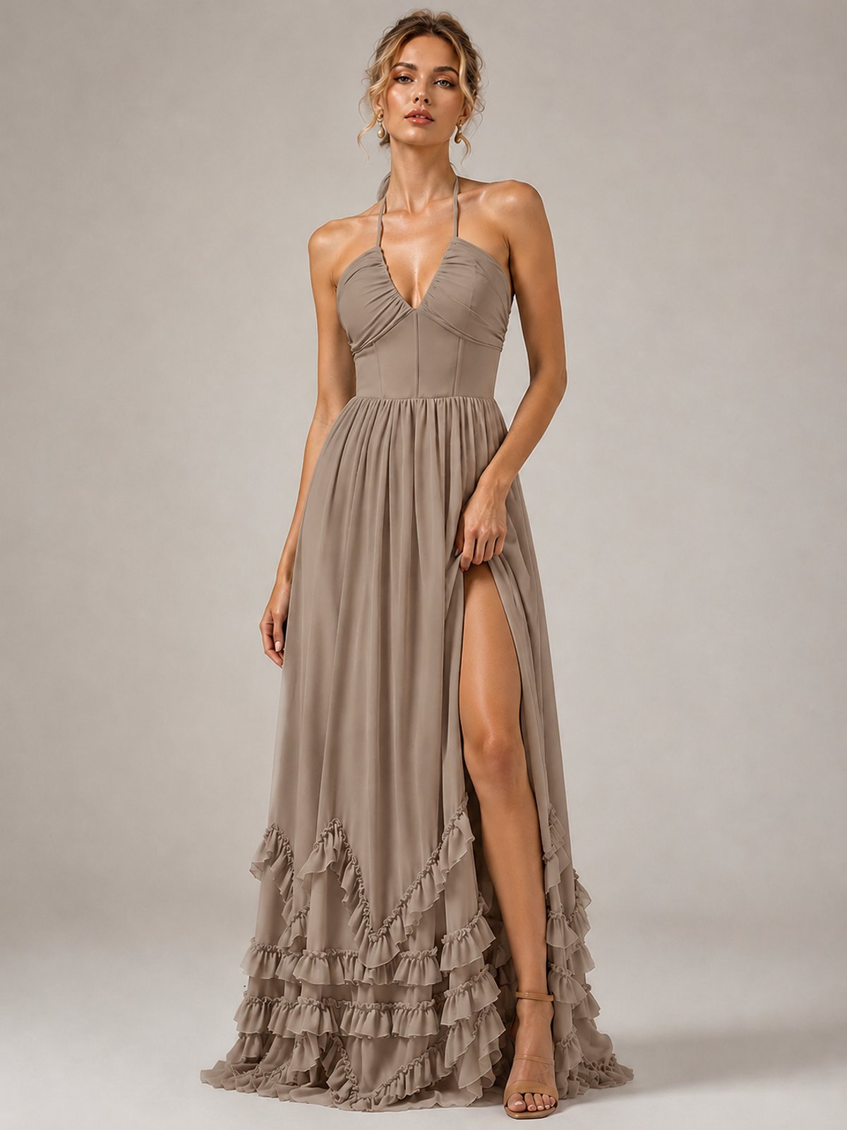Halter V Neck Chiffon Formal Dress with Lace-Up Back and Ruffle Hem