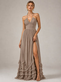 Halter V Neck Chiffon Formal Dress with Lace-Up Back and Ruffle Hem