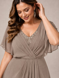 Navy Blue A-Line V-Neck Tea-Length Mother of the Bride Dress