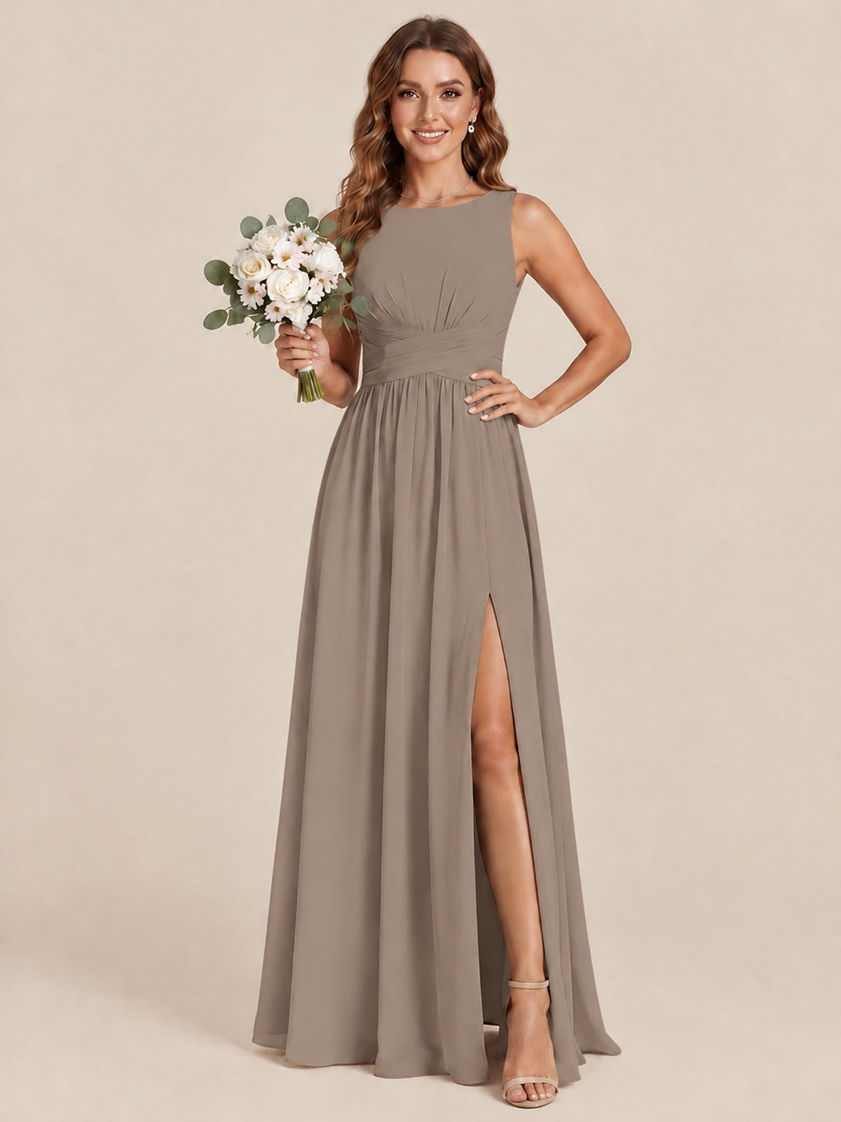 A-line Sleeveless Rucehd Chiffon Bridesmaid Dress with High Slit