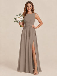 A-line Sleeveless Rucehd Chiffon Bridesmaid Dress with High Slit