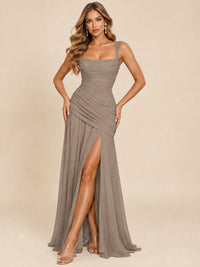 Wrap Pleated Prom Dress Scoop Neck with Slit Women Wedding Formal Dress
