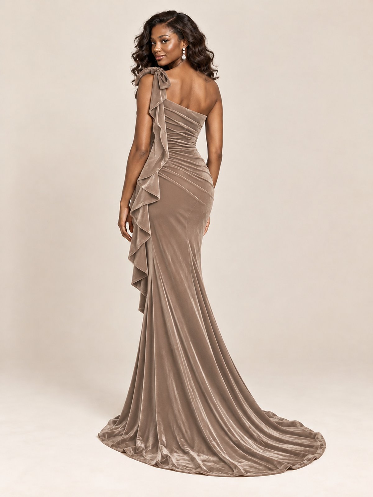 Black Velvet One-Shoulder Mermaid Evening Gown with Bow & Ruffles