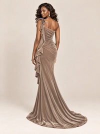 Black Velvet One-Shoulder Mermaid Evening Gown with Bow & Ruffles