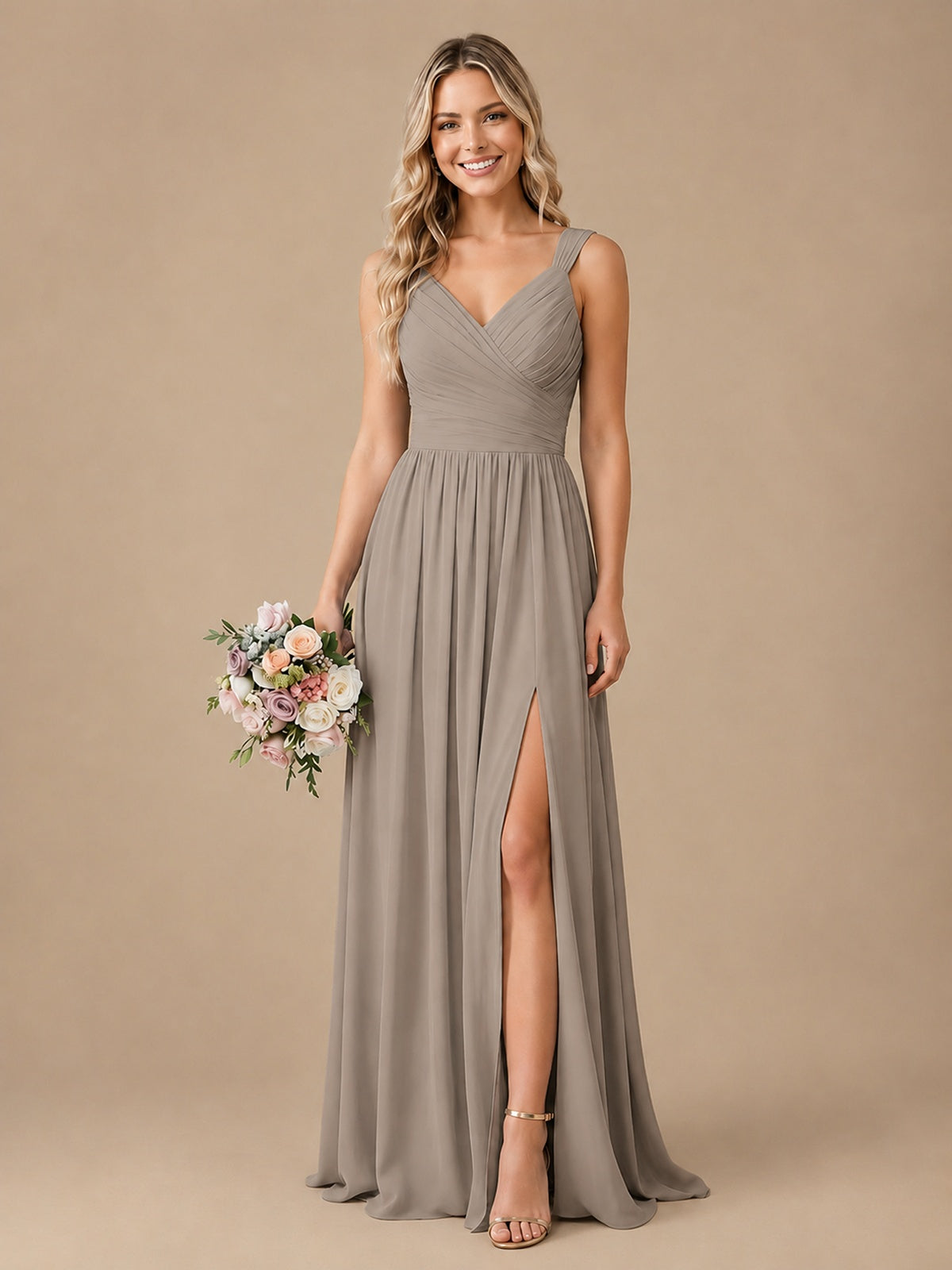 Pleated Chiffon V Neck Wedding Bridesmaid Dresses Floor Length with Slit