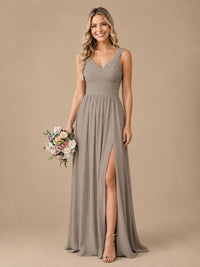 Pleated Chiffon V Neck Wedding Bridesmaid Dresses Floor Length with Slit