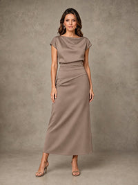 Cowl Neck Satin Mother of the Bride Dress with Ruched Waist