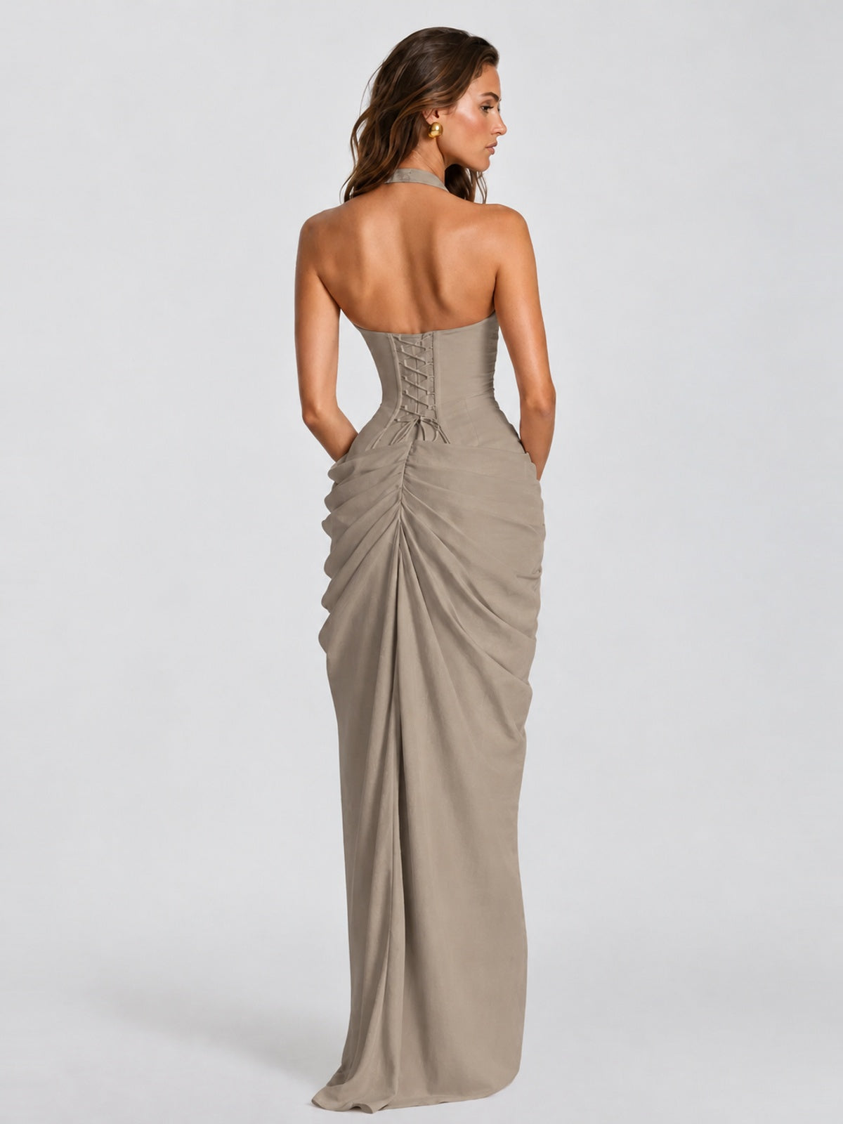 Ruched Halter Neck High-Slit Prom & Evening Dress