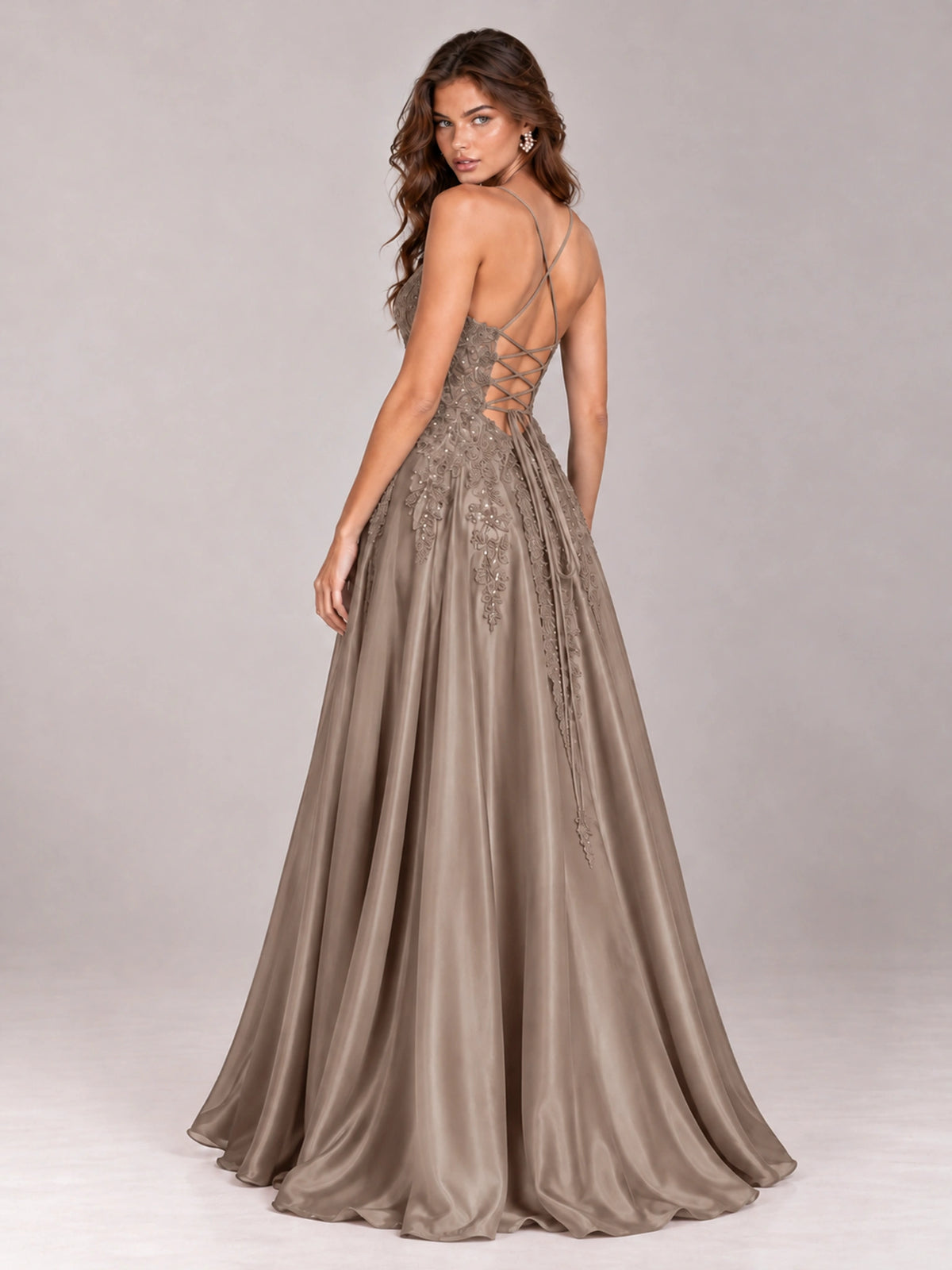 Lace Applique Satin A-Line Prom Dress with Sheer Bodice