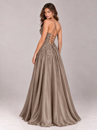 Lace Applique Satin A-Line Prom Dress with Sheer Bodice