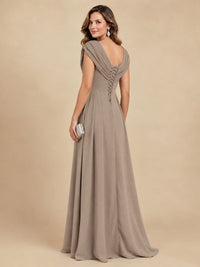 V Neck Pleated Mother of The Bride Dresses with Beading Cap Sleeves