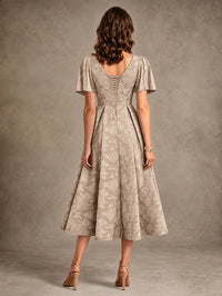 V-Neck Floral Jacquard Tea-Length Mother of the Bride Dress