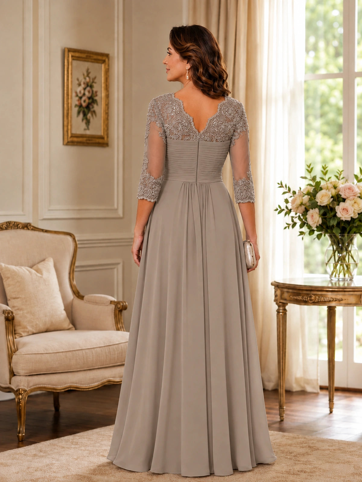 Chiffon Lace Applique Mother of the Bride Dress with 3/4 Sleeves