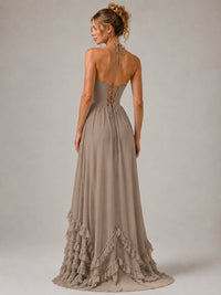 Halter V Neck Chiffon Formal Dress with Lace-Up Back and Ruffle Hem