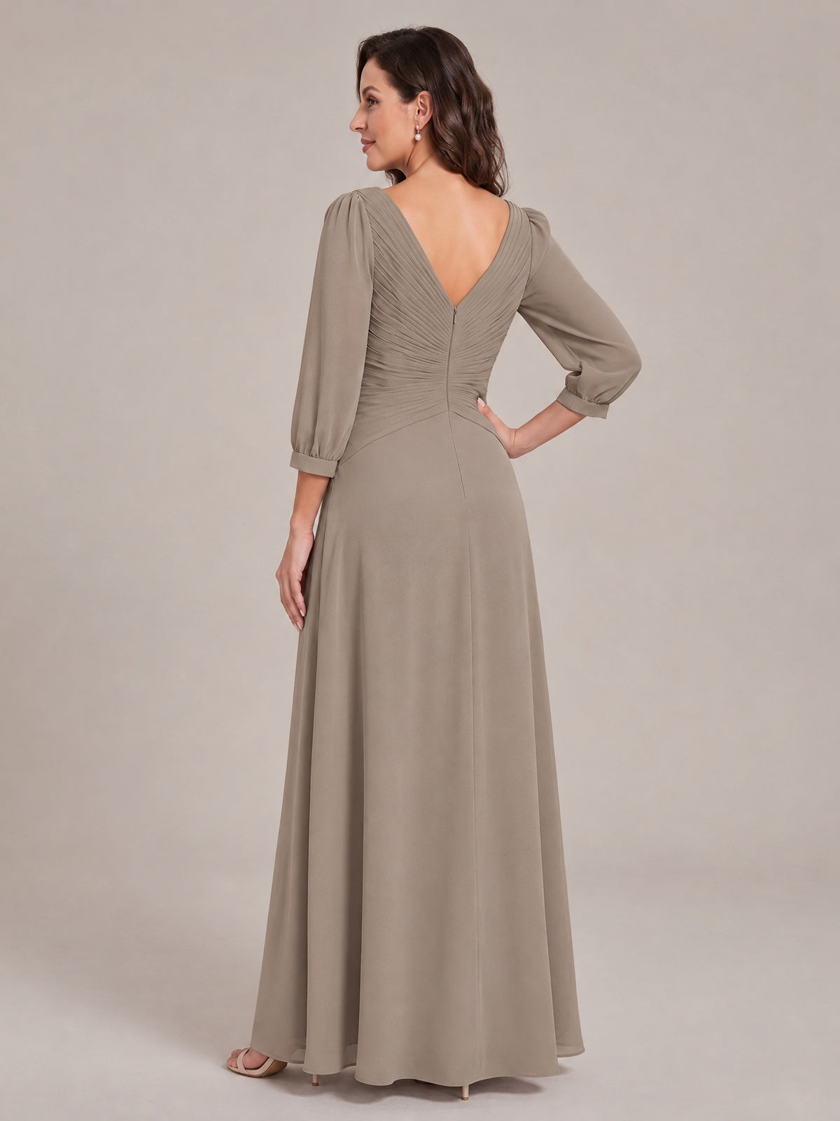 V-Neck Pleated Chiffon Mother of the Bride Dress with Flutter Sleeves
